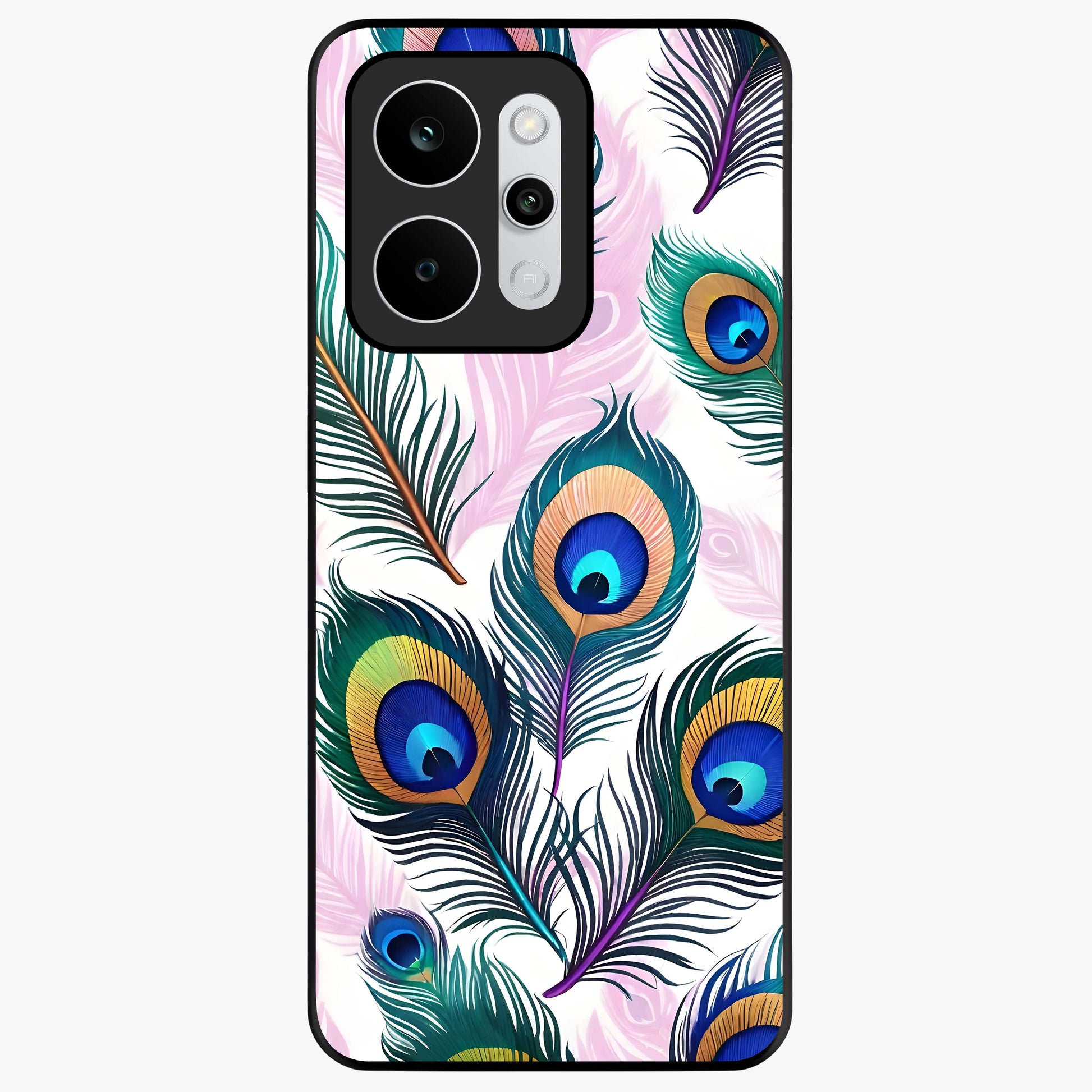 Royal Peacock Feathers Glass Case showing flat back view with colorful peacock feather artwork and glossy glass finish.