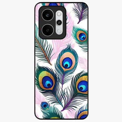 Royal Peacock Feathers Glass Case showing flat back view with colorful peacock feather artwork and glossy glass finish.