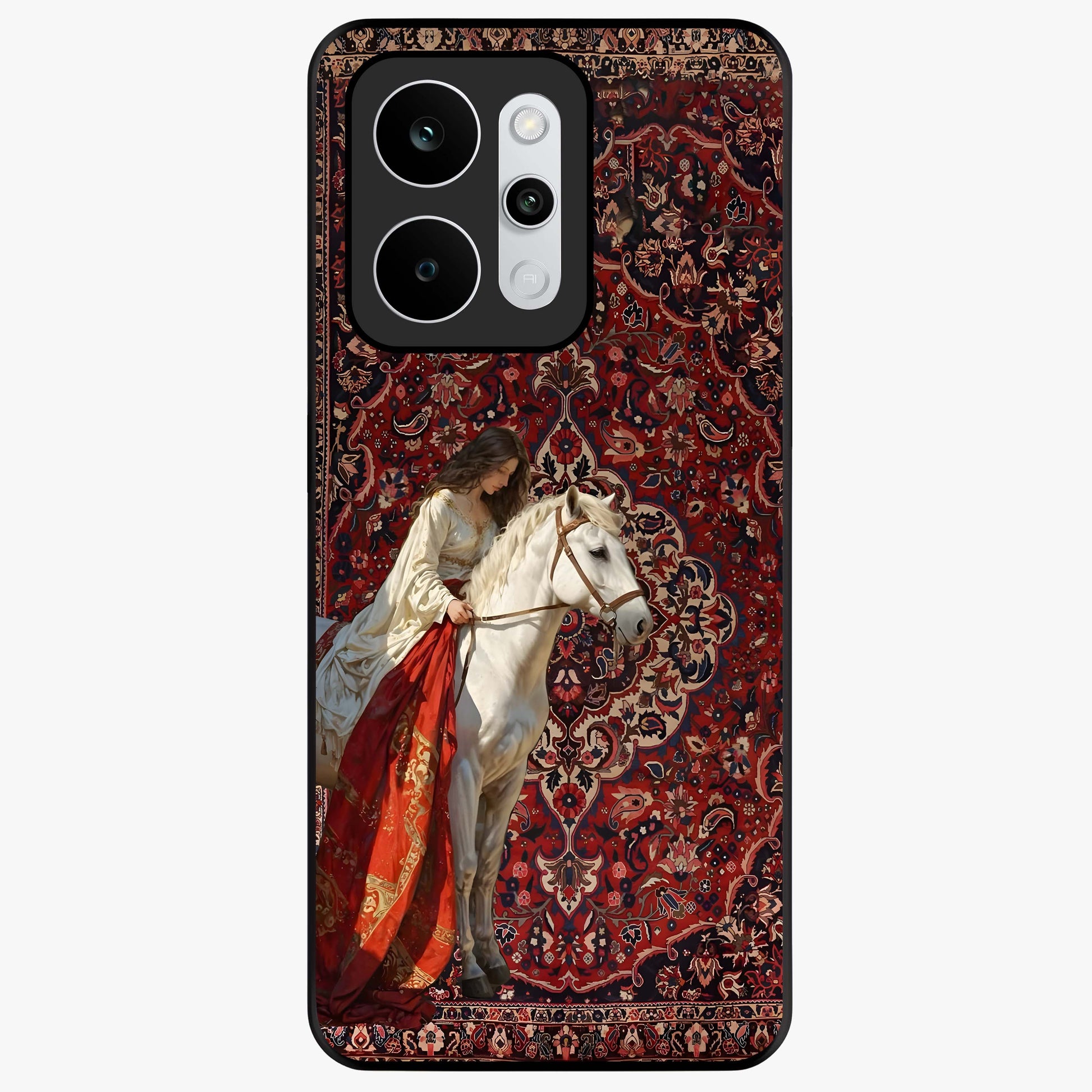 Royal Rider Tapestry Glass Case showing flat back view with majestic horse rider tapestry artwork and glossy glass finish.