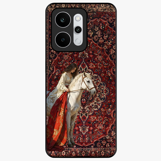 Royal Rider Tapestry Glass Case showing flat back view with majestic horse rider tapestry artwork and glossy glass finish.