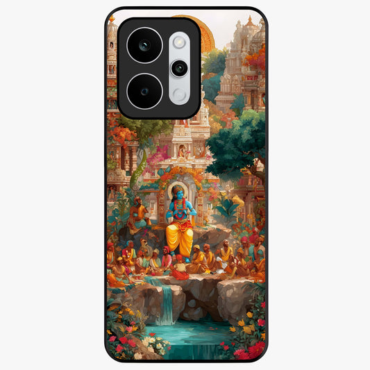 Sacred Sunlight Gods Glass Case showing flat back view with divine sunlight themed artwork and glossy glass finish.