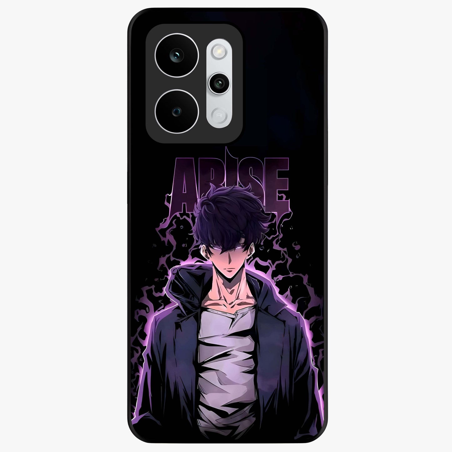 Shadow Monarch Awakening Glass Case showing flat back view with powerful dark monarch themed artwork and glossy glass finish.