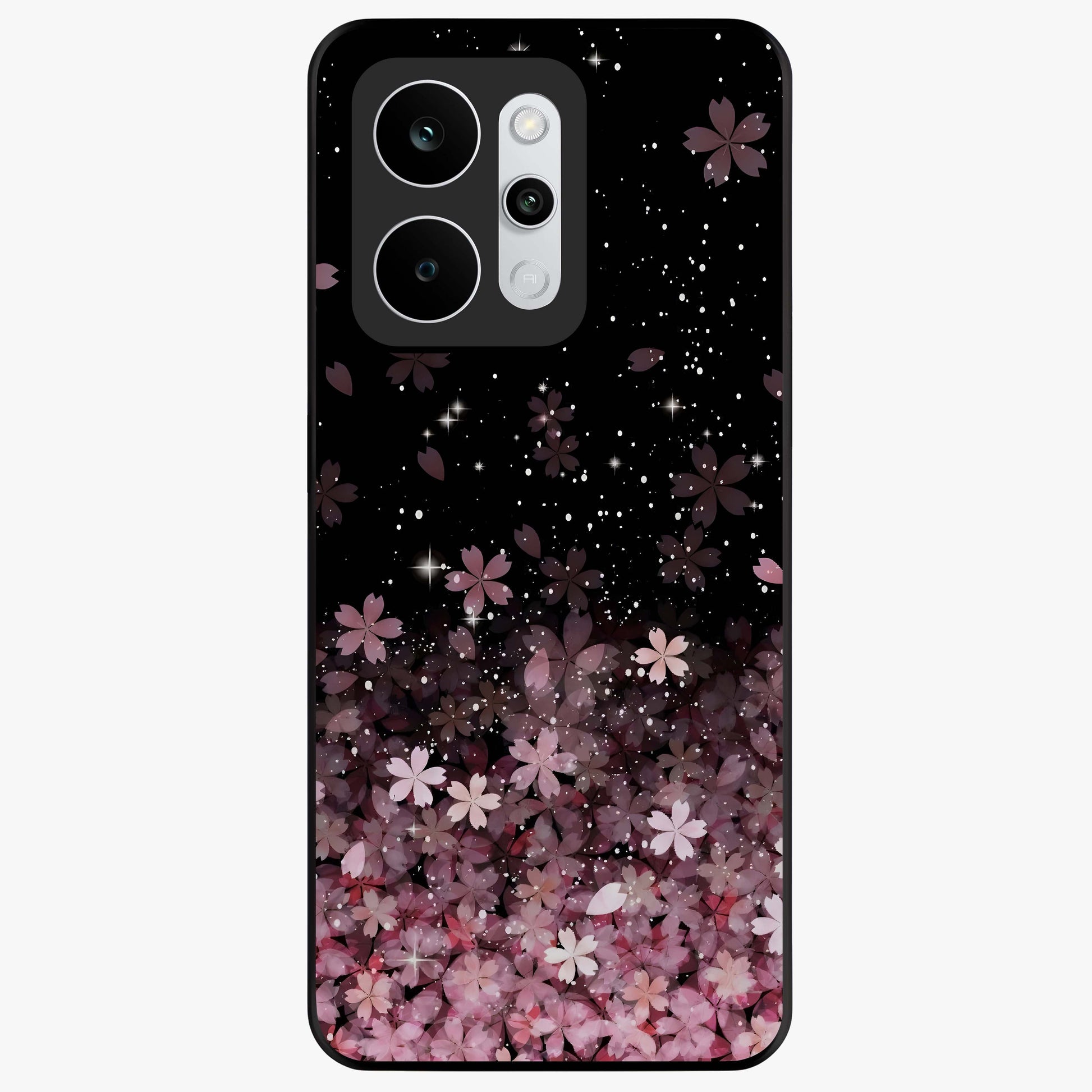 Small Starry Flowers Glass Case showing flat back view with delicate starry floral artwork and glossy glass finish.