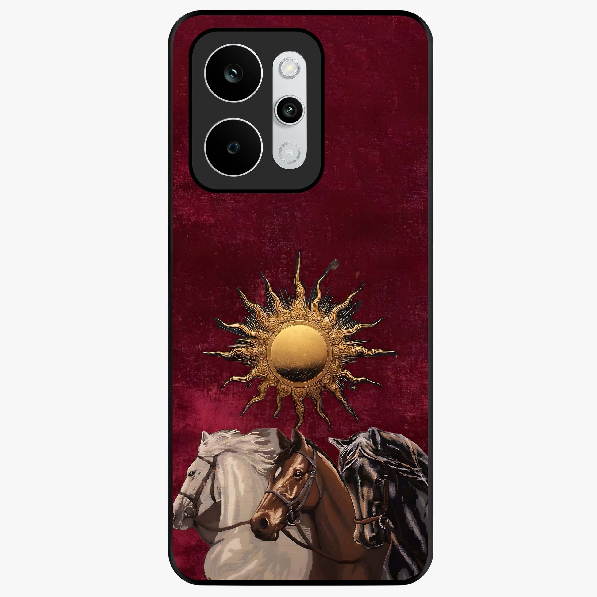 Solar Riders Glass Case showing flat back view with dynamic rider themed artwork and glossy glass finish.