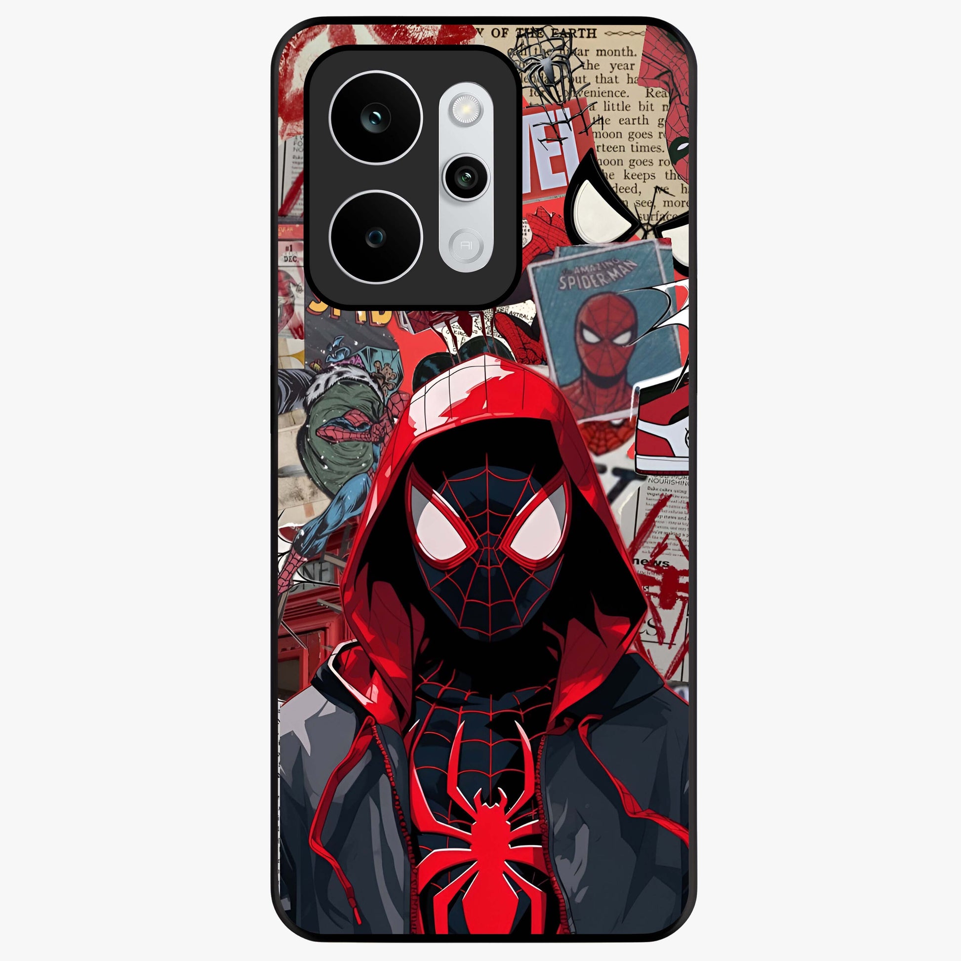 Spider Collage Street Glass Case showing flat back view with vibrant superhero collage artwork and glossy glass finish.