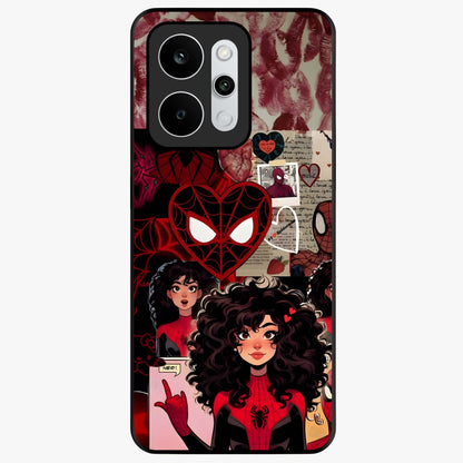 Spider Love Story Glass Case showing flat back view with romantic superhero themed artwork and glossy glass finish.