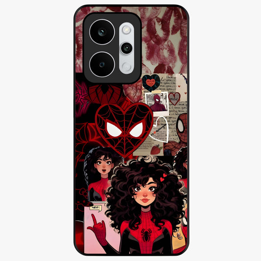 Spider Love Story Glass Case showing flat back view with romantic superhero themed artwork and glossy glass finish.