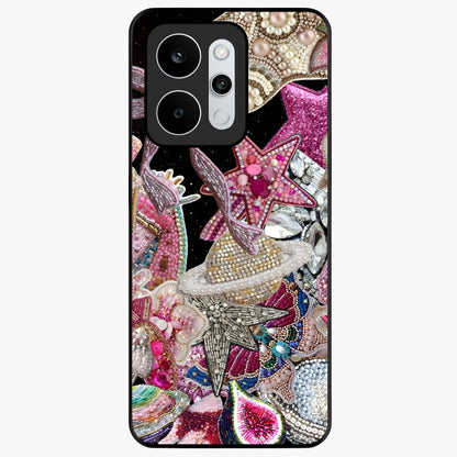 Starlit Jewel Dream Glass Case showing flat back view with sparkling jewel and star themed artwork and glossy glass finish.
