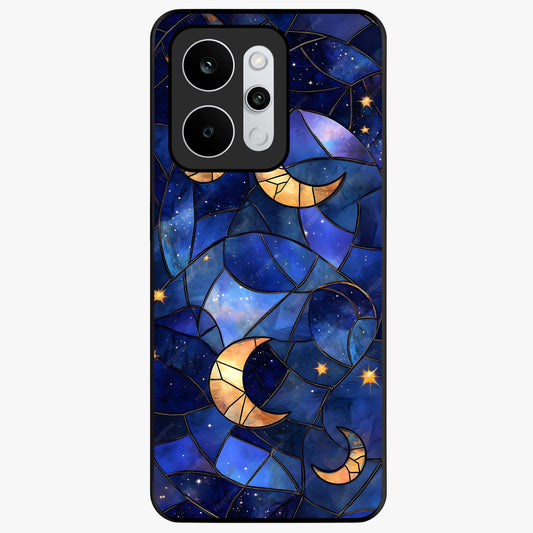 Starlit Sky Tapestry Glass Case showing flat back view with decorative starry sky tapestry artwork and glossy glass finish.