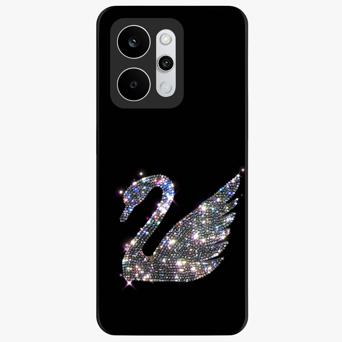 Starlit Swan Grace Glass Case showing flat back view with graceful swan artwork under starry sky and glossy glass finish.