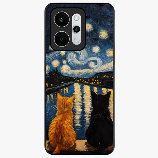 Starry River Cats Glass Case showing flat back view with cats by a starry river artwork and glossy glass finish.