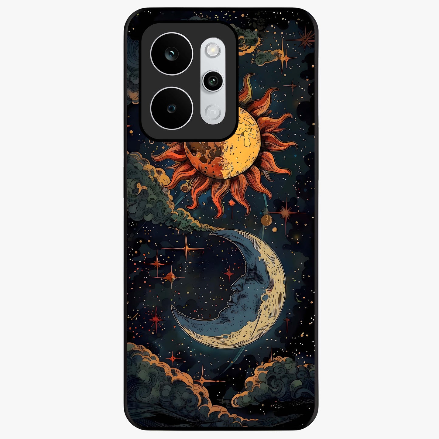 Sun And Moon Magic Design Glass Case showing flat back view with mystical sun and moon artwork and glossy glass finish.