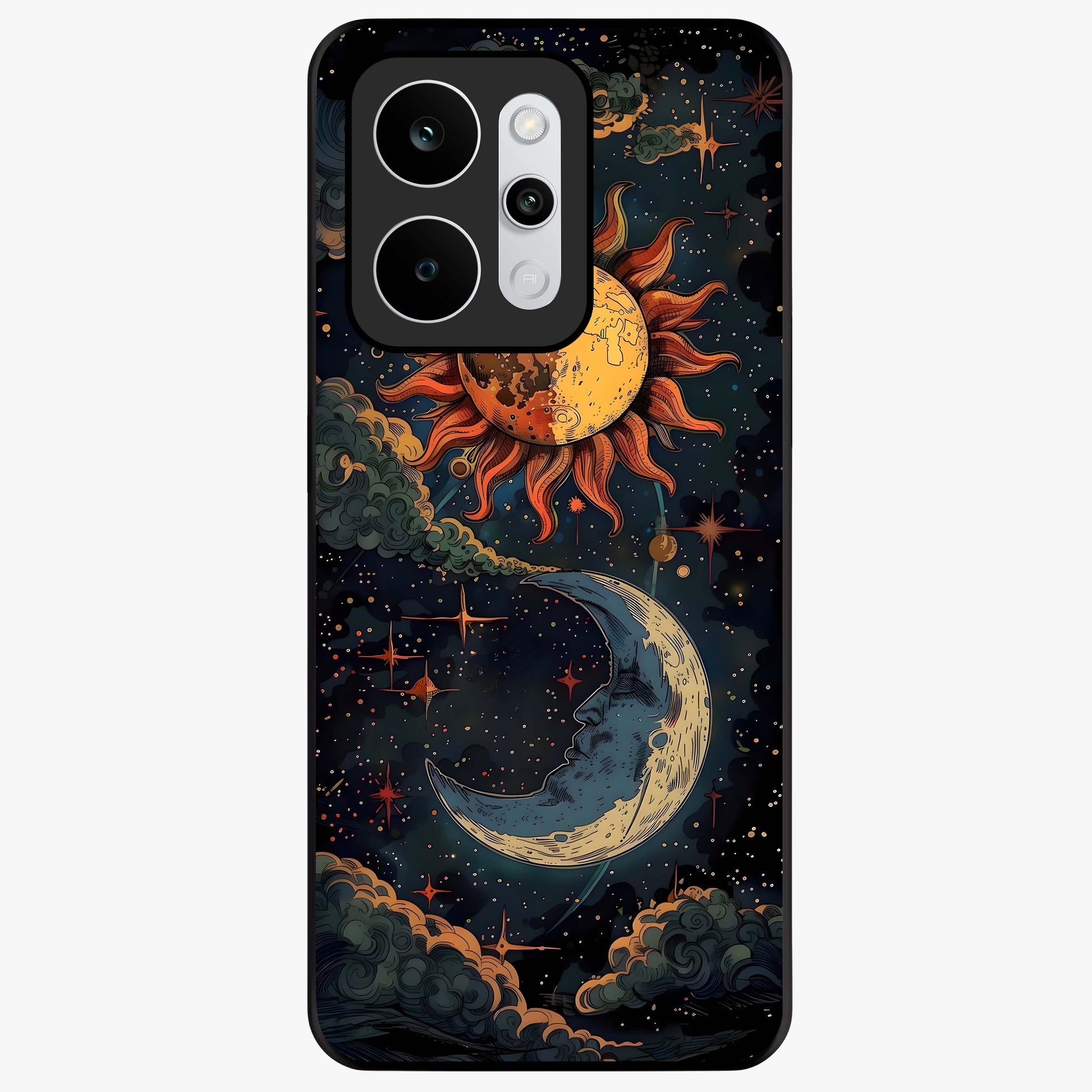 Sun And Moon Magic Design Glass Case showing flat back view with mystical sun and moon artwork and glossy glass finish.