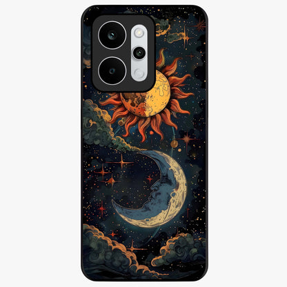 Sun And Moon Magic Design Glass Case showing flat back view with mystical sun and moon artwork and glossy glass finish.