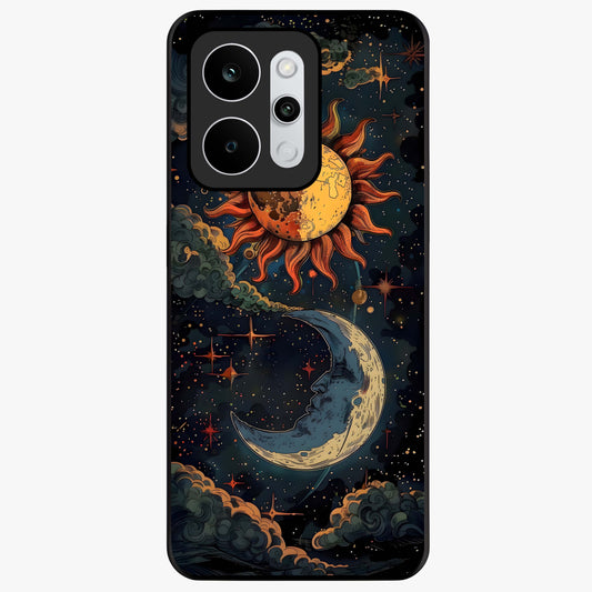 Sun And Moon Magic Design Glass Case showing flat back view with mystical sun and moon artwork and glossy glass finish.