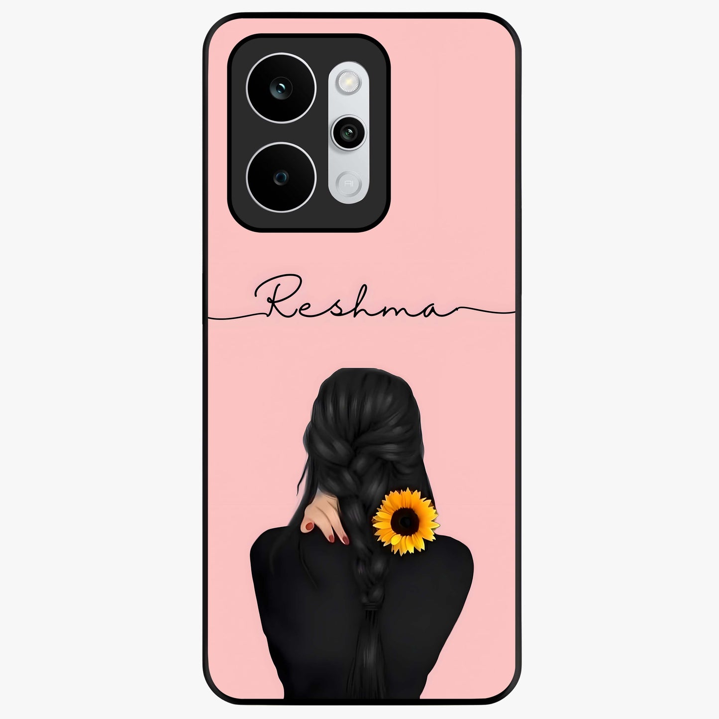 Sunflower Braid Beauty With Custom Name Glass Case showing flat back view with sunflower braid artwork and personalized name design.