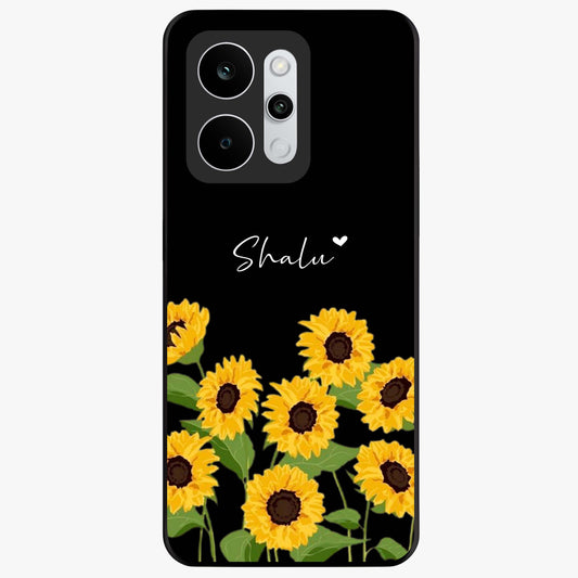 Sunflower Chic Mood Custom Name Glass Case showing flat back view with stylish sunflower artwork and personalized name design.