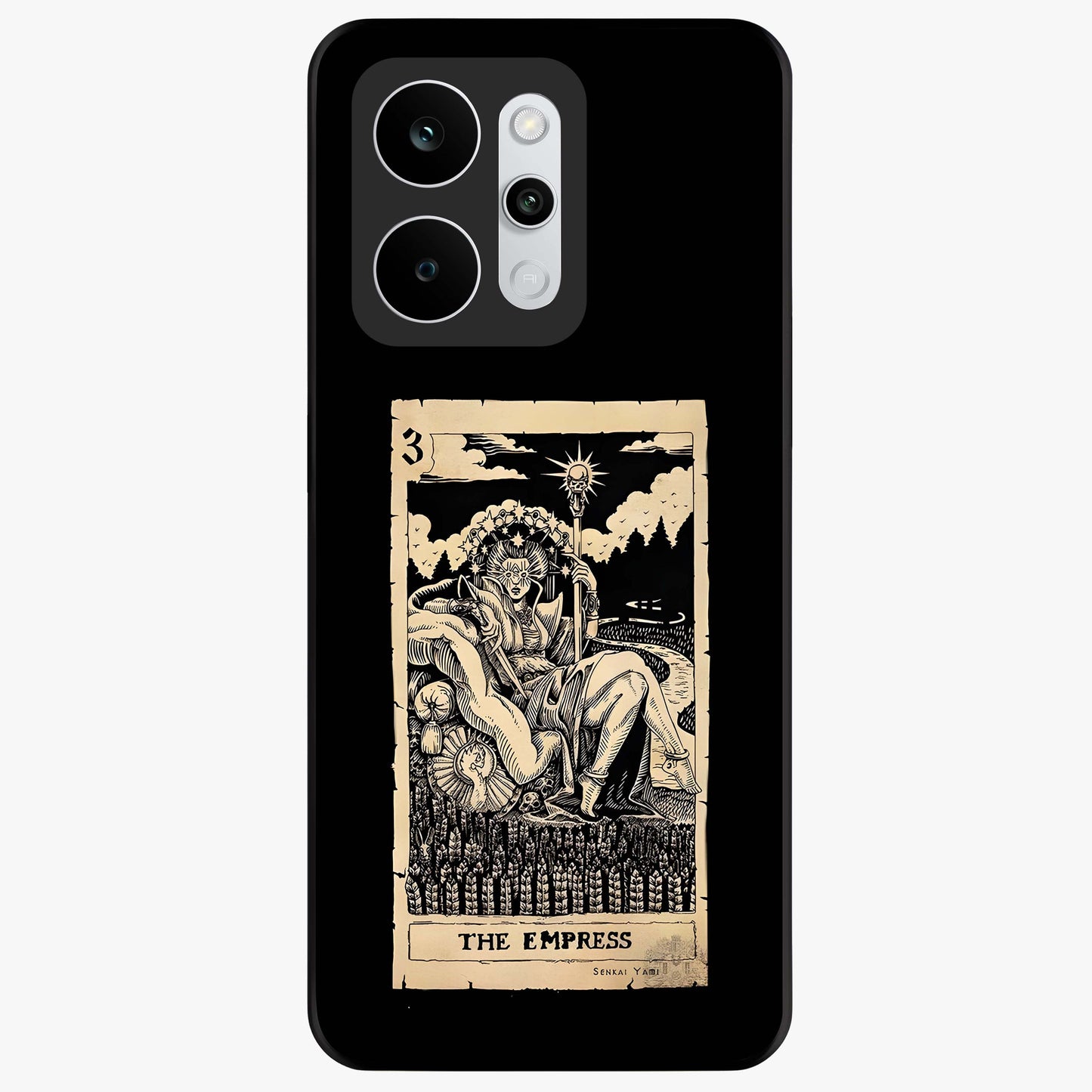 The Empress Glass Case showing flat back view with regal feminine artwork and glossy glass finish.