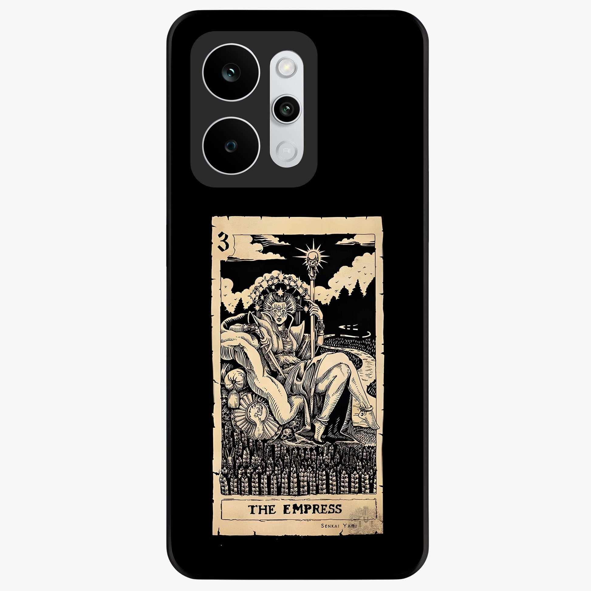 The Empress Glass Case showing flat back view with regal feminine artwork and glossy glass finish.