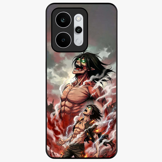 Titan Awakening Fury Glass Case showing flat back view with powerful titan inspired artwork and glossy glass finish.