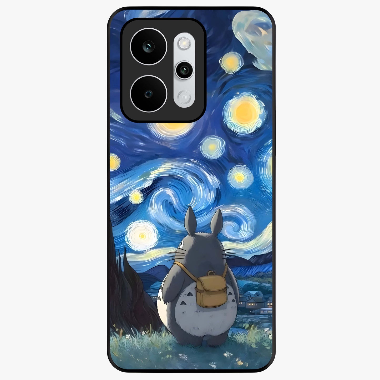 Totoro In Van Gogh Art Glass Case showing flat back view with whimsical character artwork inspired by Van Gogh style and glossy glass finish.