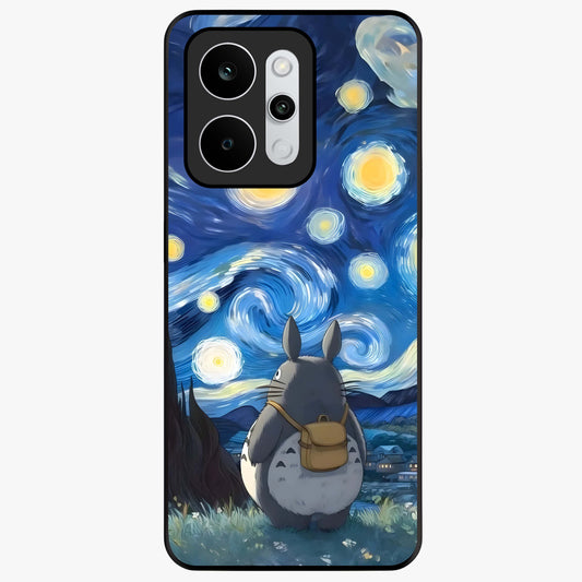 Totoro In Van Gogh Art Glass Case showing flat back view with whimsical character artwork inspired by Van Gogh style and glossy glass finish.
