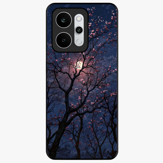 Twilight Sakura Serenade Glass Case showing flat back view with cherry blossom artwork at twilight and glossy glass finish.