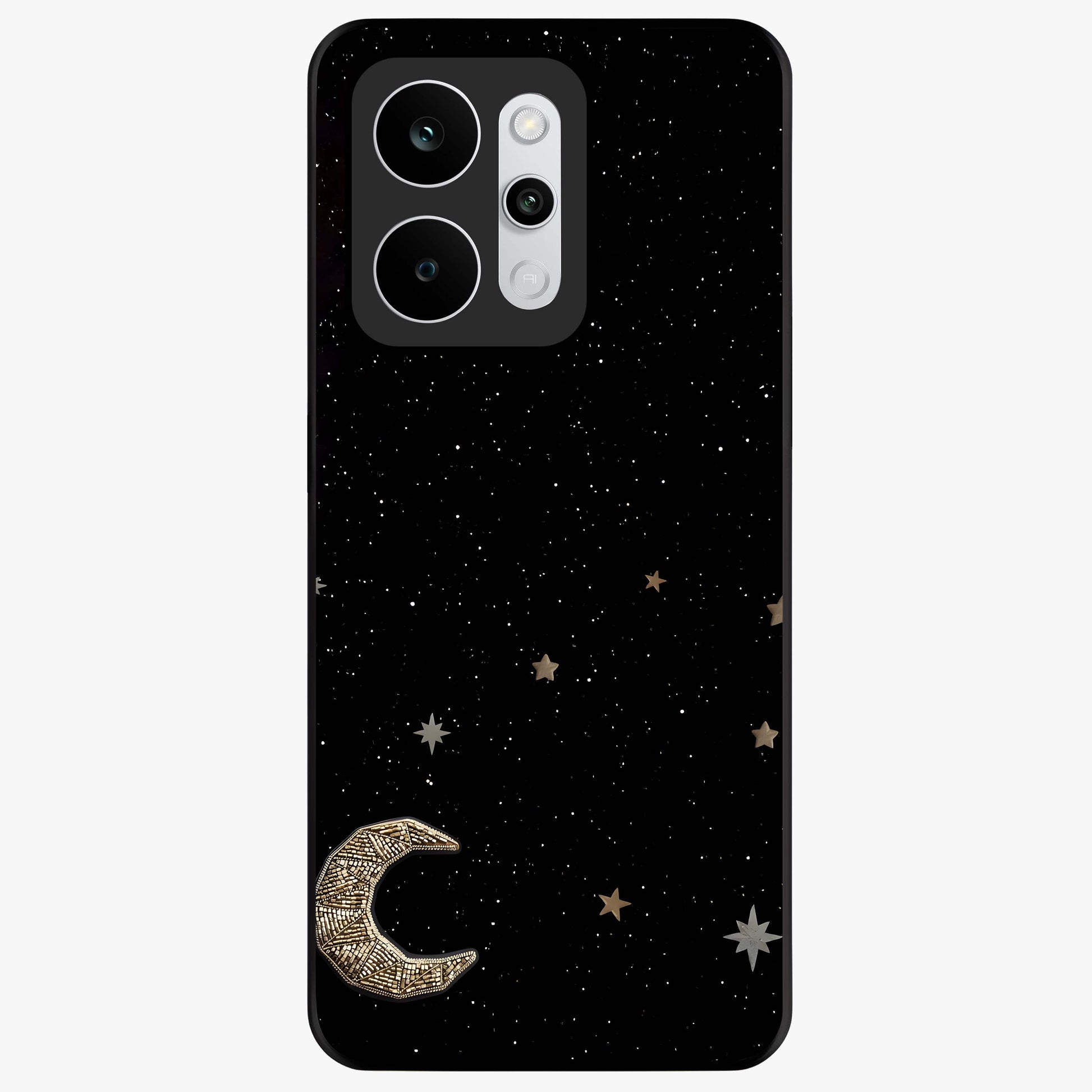 Twinkle Star With Half Moon Glass Case showing flat back view with star and half moon artwork and glossy glass finish.
