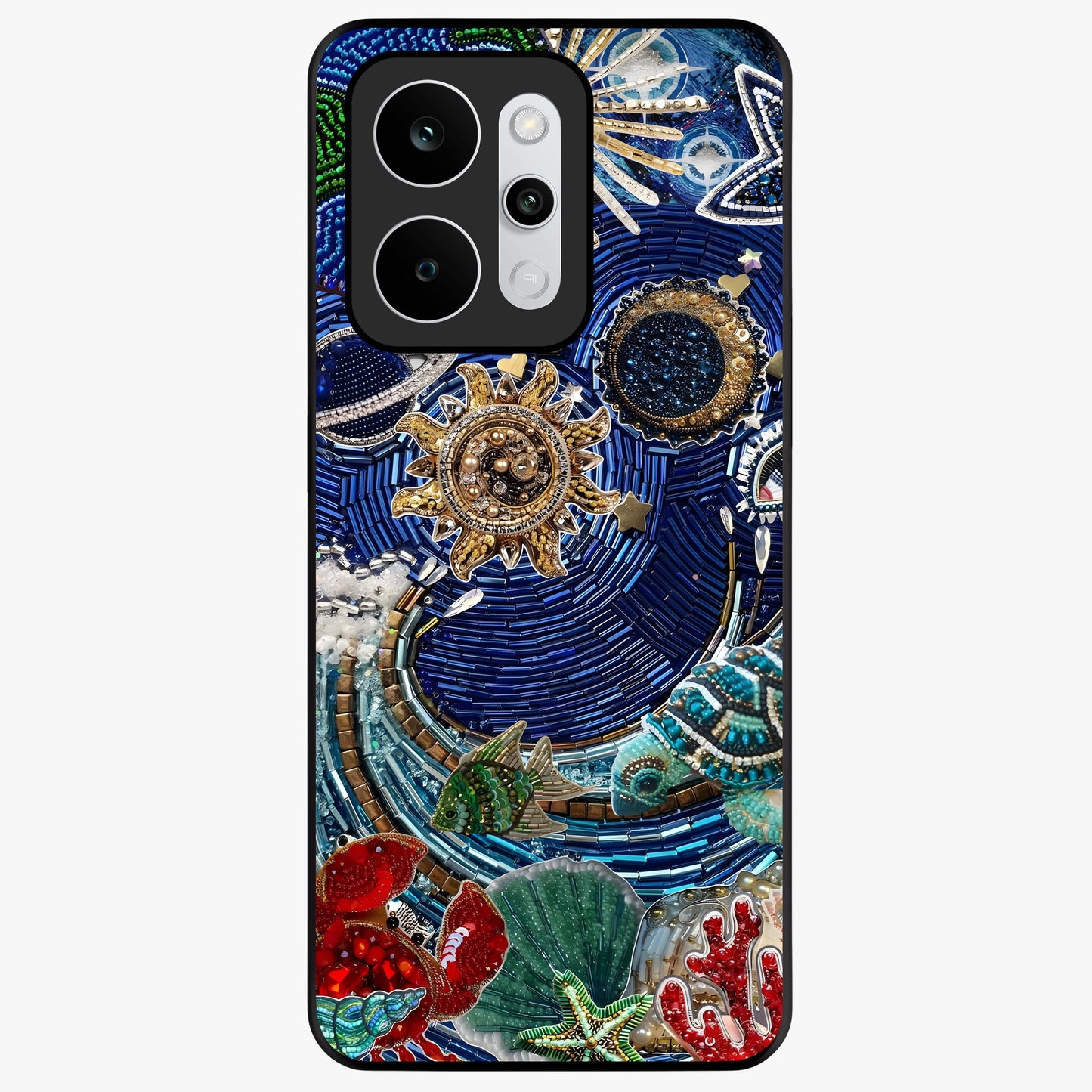 Universe Underwater Spark Glass Case showing flat back view with cosmic underwater themed artwork and glossy glass finish.