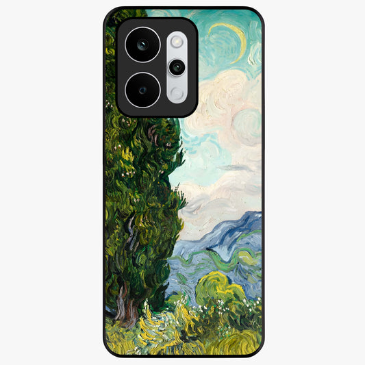 Van Gogh Vintage Art Glass Case showing flat back view with vintage painterly artwork inspired by Van Gogh style and glossy glass finish.