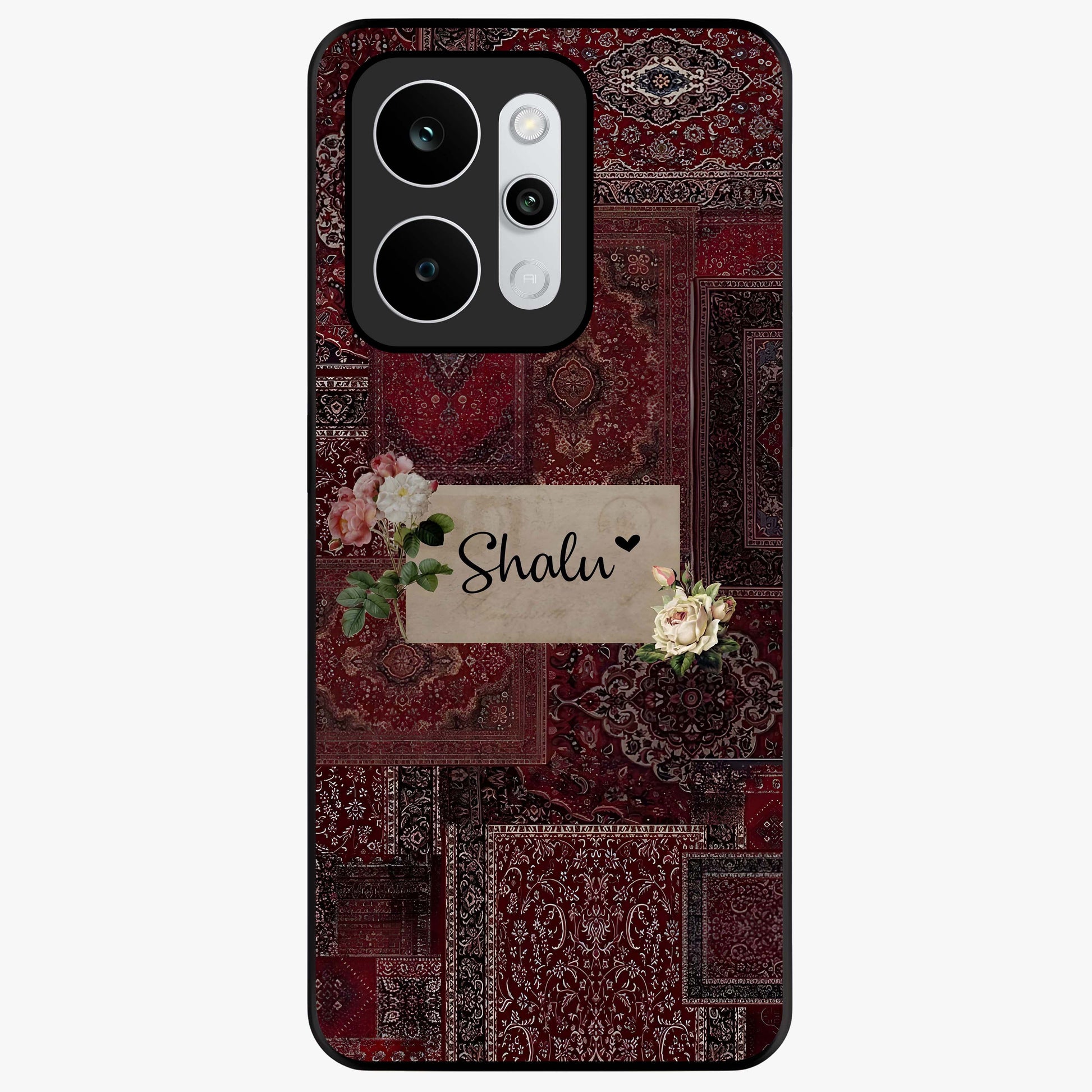 Velvet Wine Pattern Custom Name Glass Case showing flat back view with elegant wine colored pattern artwork and personalized name design.