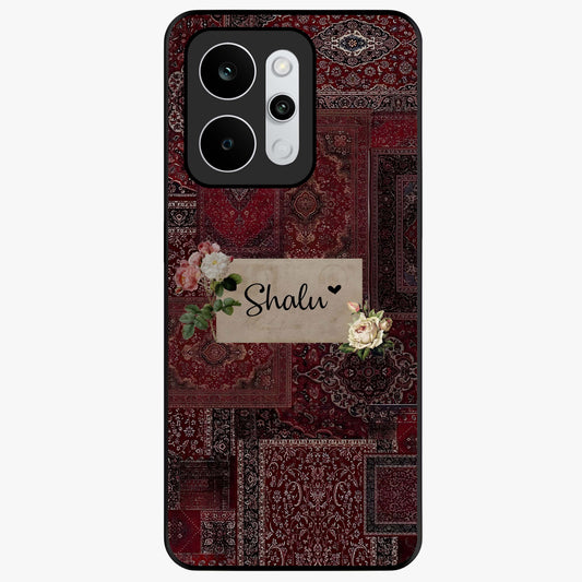 Velvet Wine Pattern Custom Name Glass Case showing flat back view with elegant wine colored pattern artwork and personalized name design.