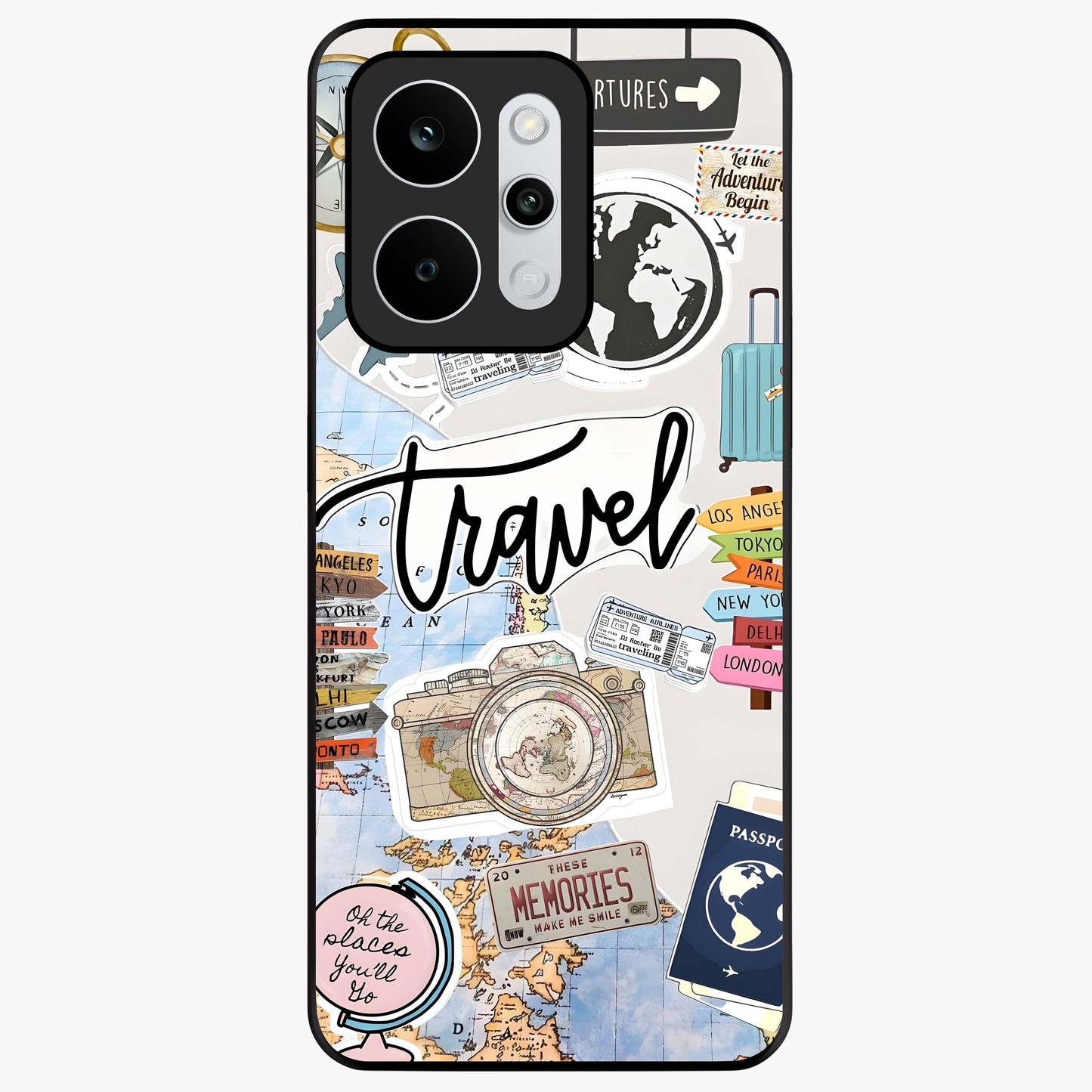 Wanderlust Journal Glass Case showing flat back view with travel inspired artwork and glossy glass finish.