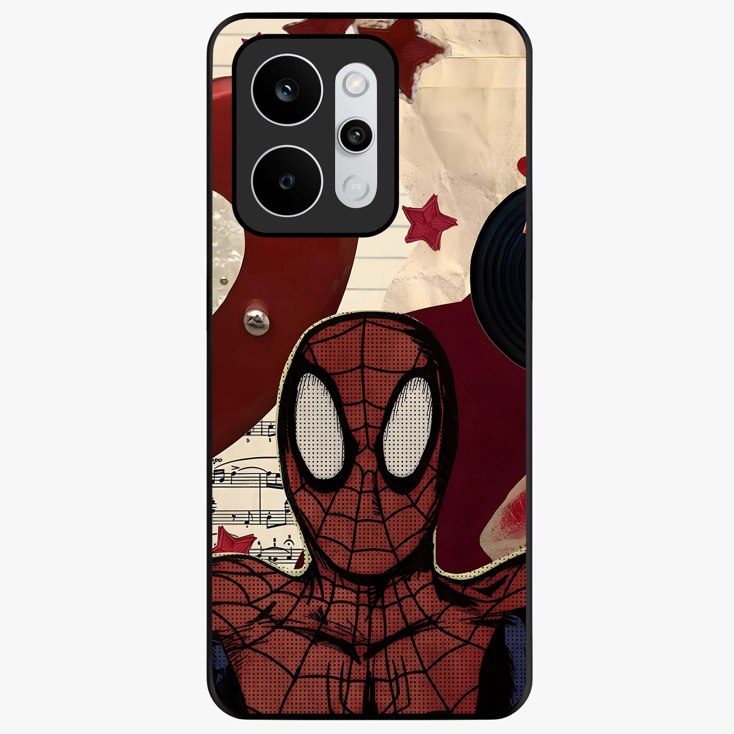Web Warrior Vibes Glass Case showing flat back view with superhero inspired web themed artwork and glossy glass finish.
