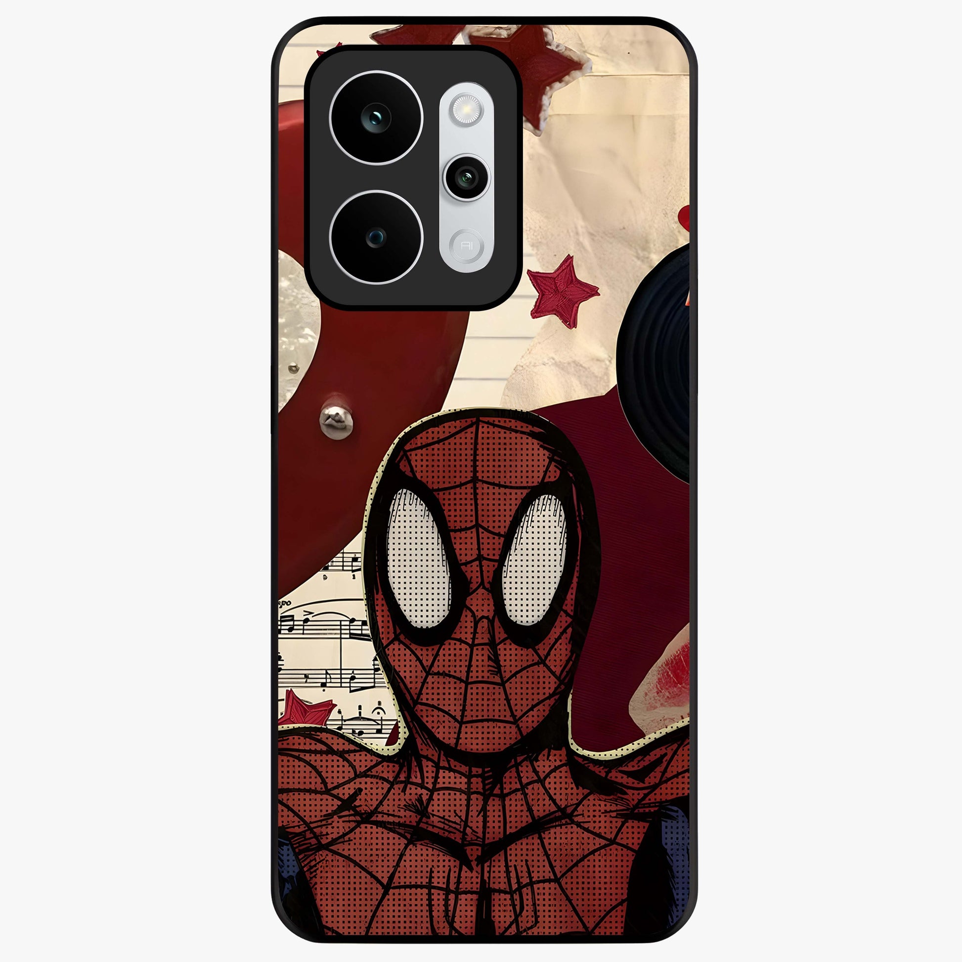 Web Warrior Vibes Glass Case showing flat back view with superhero inspired web themed artwork and glossy glass finish.