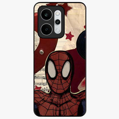 Web Warrior Vibes Glass Case showing flat back view with superhero inspired web themed artwork and glossy glass finish.