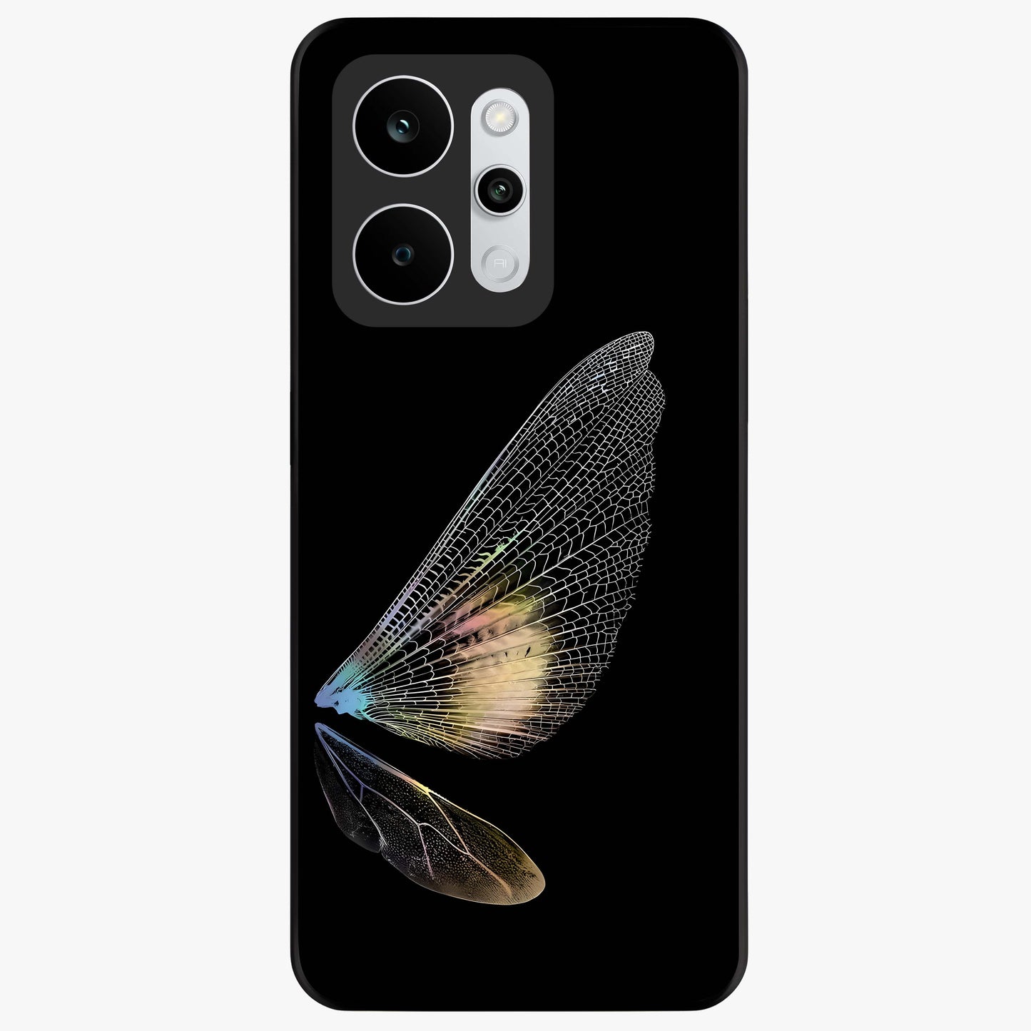 Whispers Of Wings Glass Case showing flat back view with graceful wing inspired artwork and glossy glass finish.