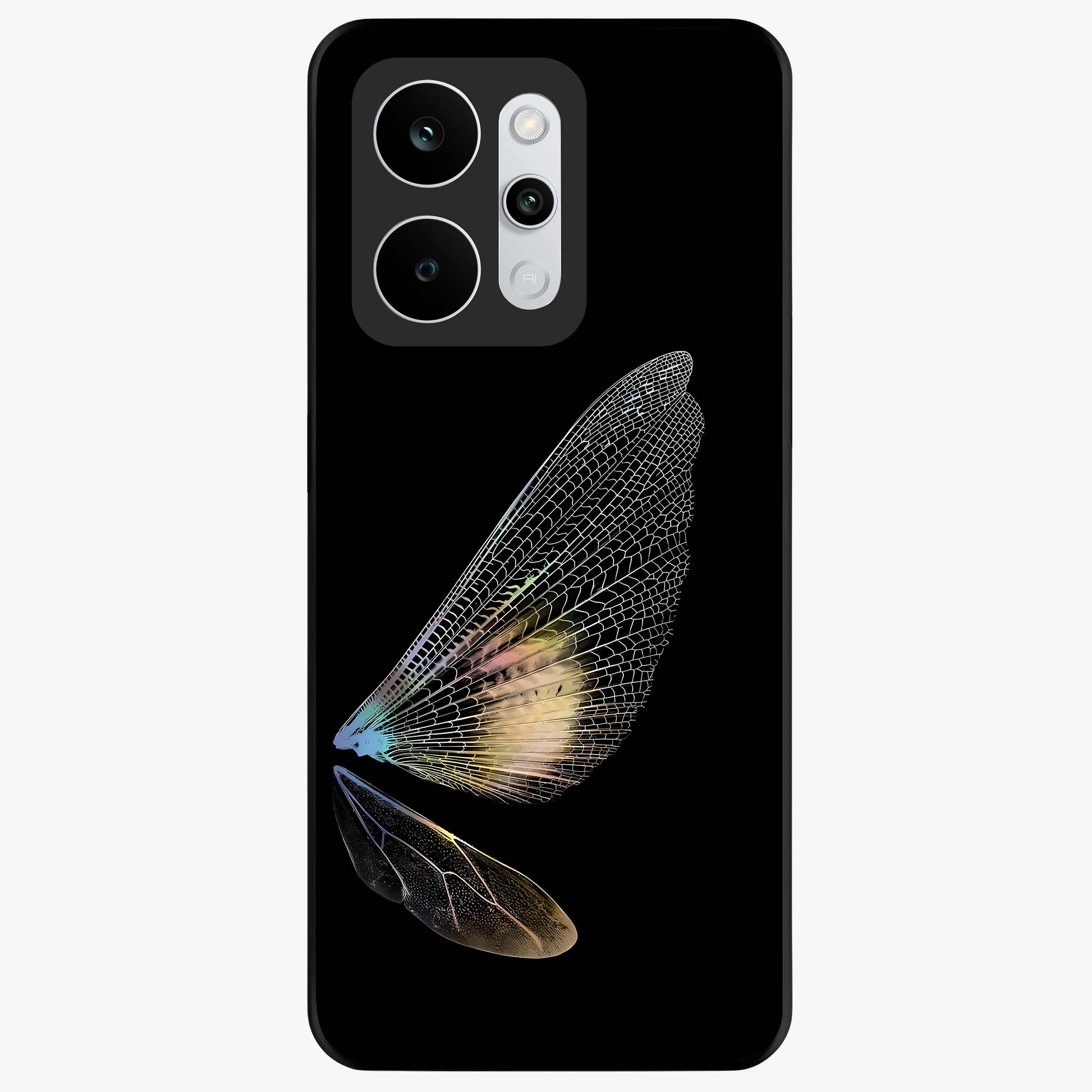 Whispers Of Wings Glass Case showing flat back view with graceful wing inspired artwork and glossy glass finish.