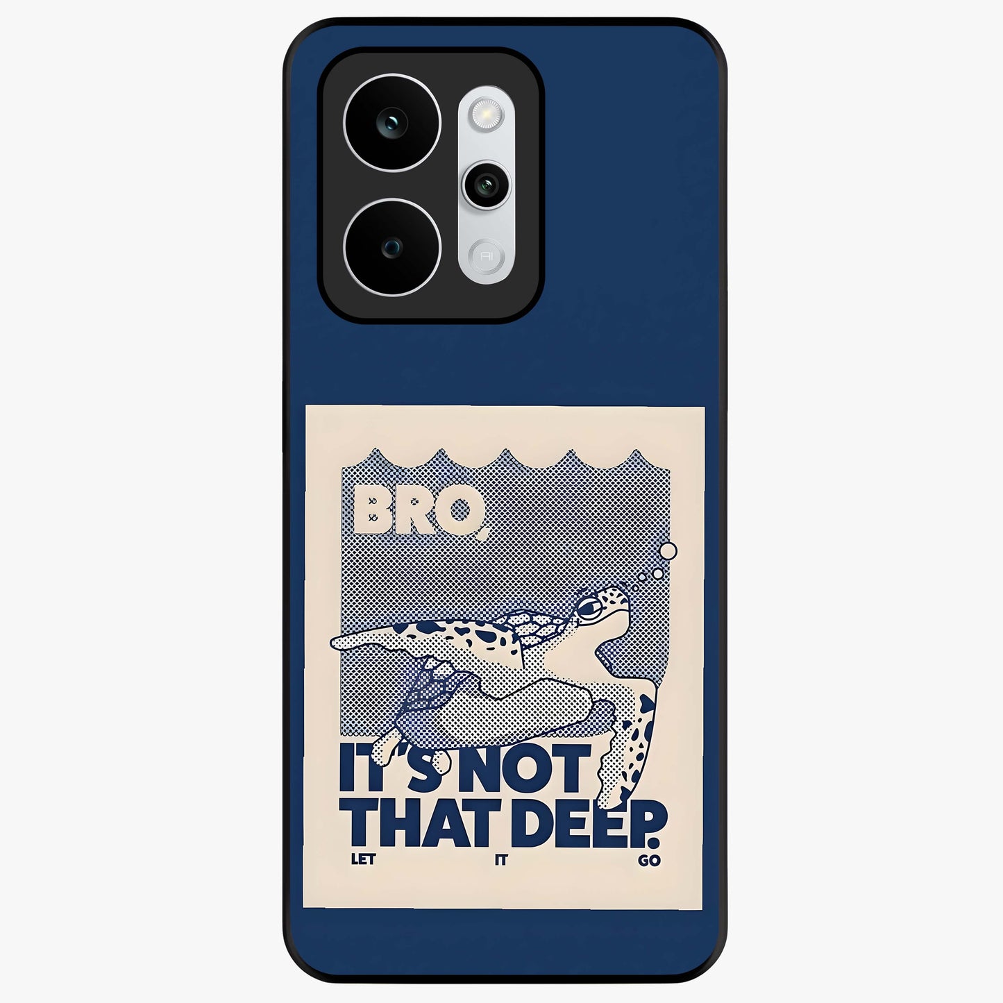 Worry Less Swim Glass Case showing flat back view with playful motivational artwork and glossy glass finish.