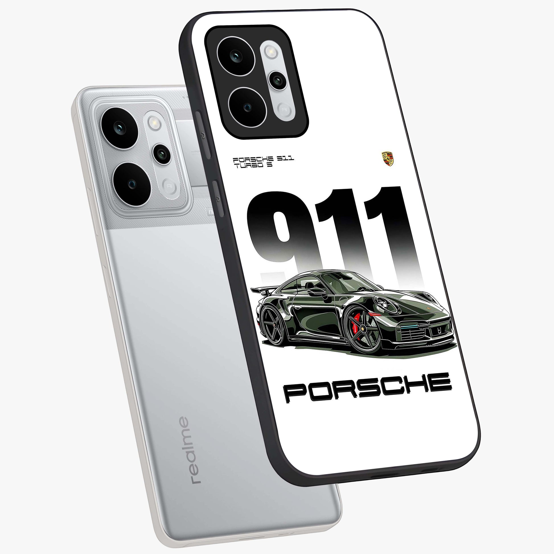 911 Turbo Dominance Glass Case displayed in premium angled mockup highlighting sporty car illustration and sleek glass surface.