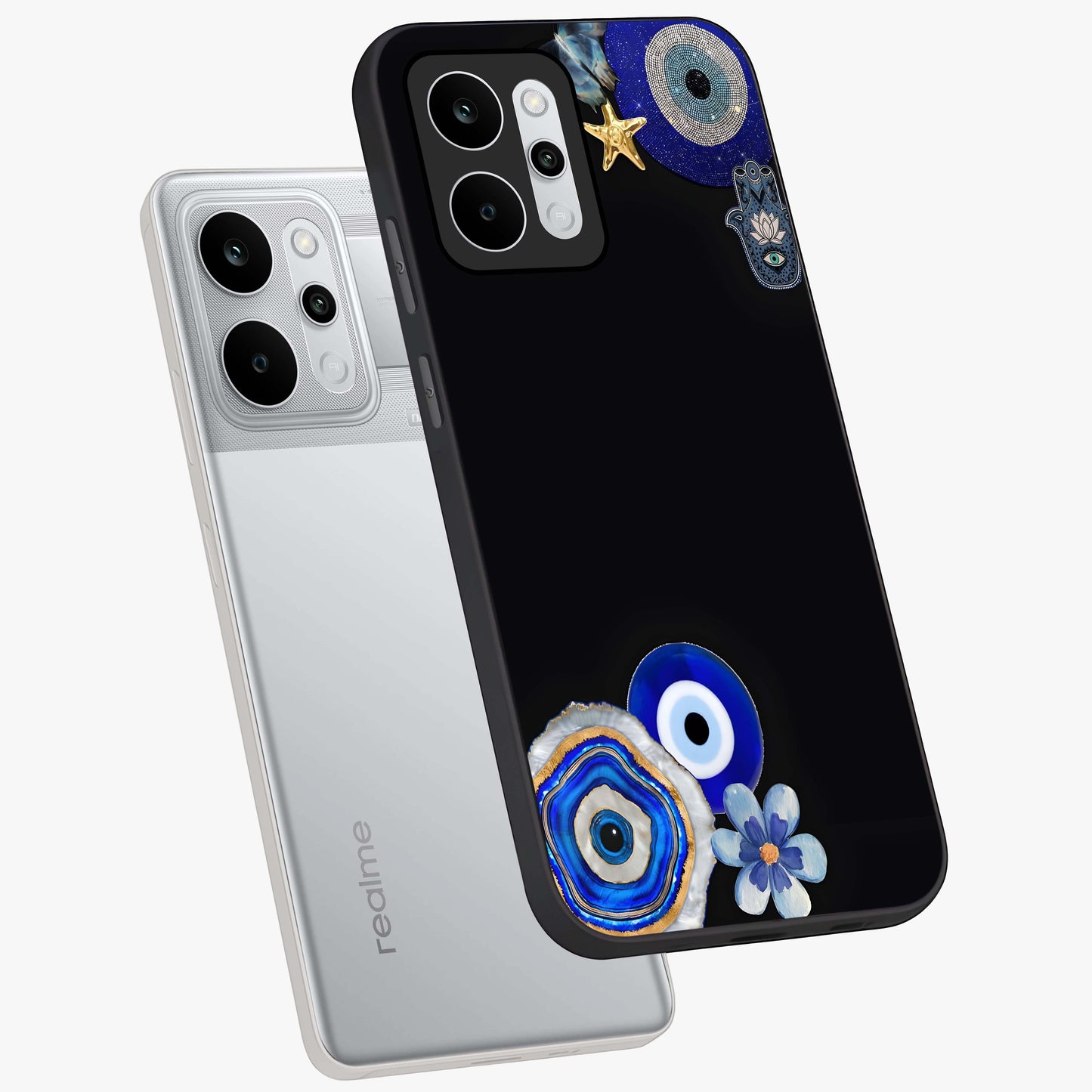 Aesthetic Blue Evil Eye Glass Case displayed in angled mockup highlighting blue evil eye symbol and spiritual aesthetic design.