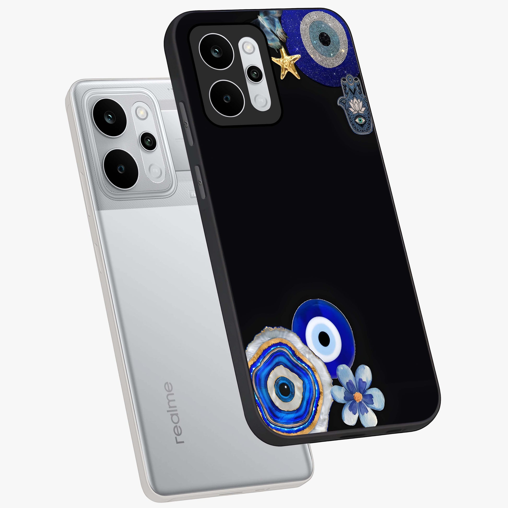 Aesthetic Blue Evil Eye Glass Case displayed in angled mockup highlighting blue evil eye symbol and spiritual aesthetic design.
