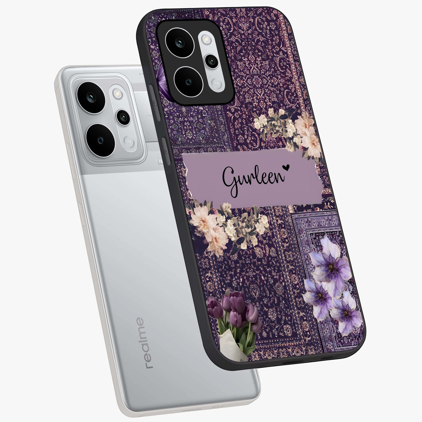 Antique Floral Whisper Custom Name Glass Case displayed in angled mockup highlighting elegant antique floral aesthetic.
