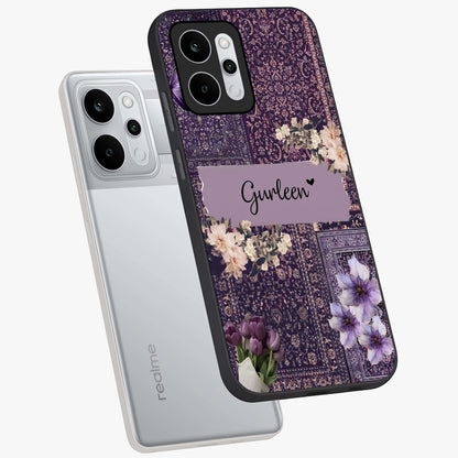 Antique Floral Whisper Custom Name Glass Case displayed in angled mockup highlighting elegant antique floral aesthetic.