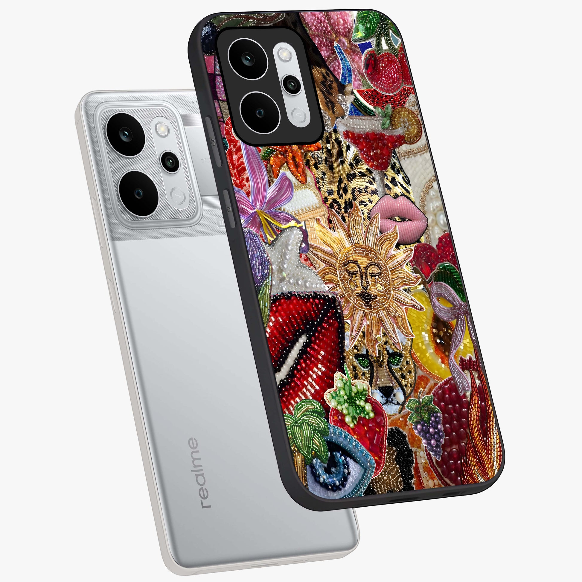 Beaded Fashion Jungle Glass Case displayed in angled mockup highlighting colorful fashion bead design and artistic pattern.