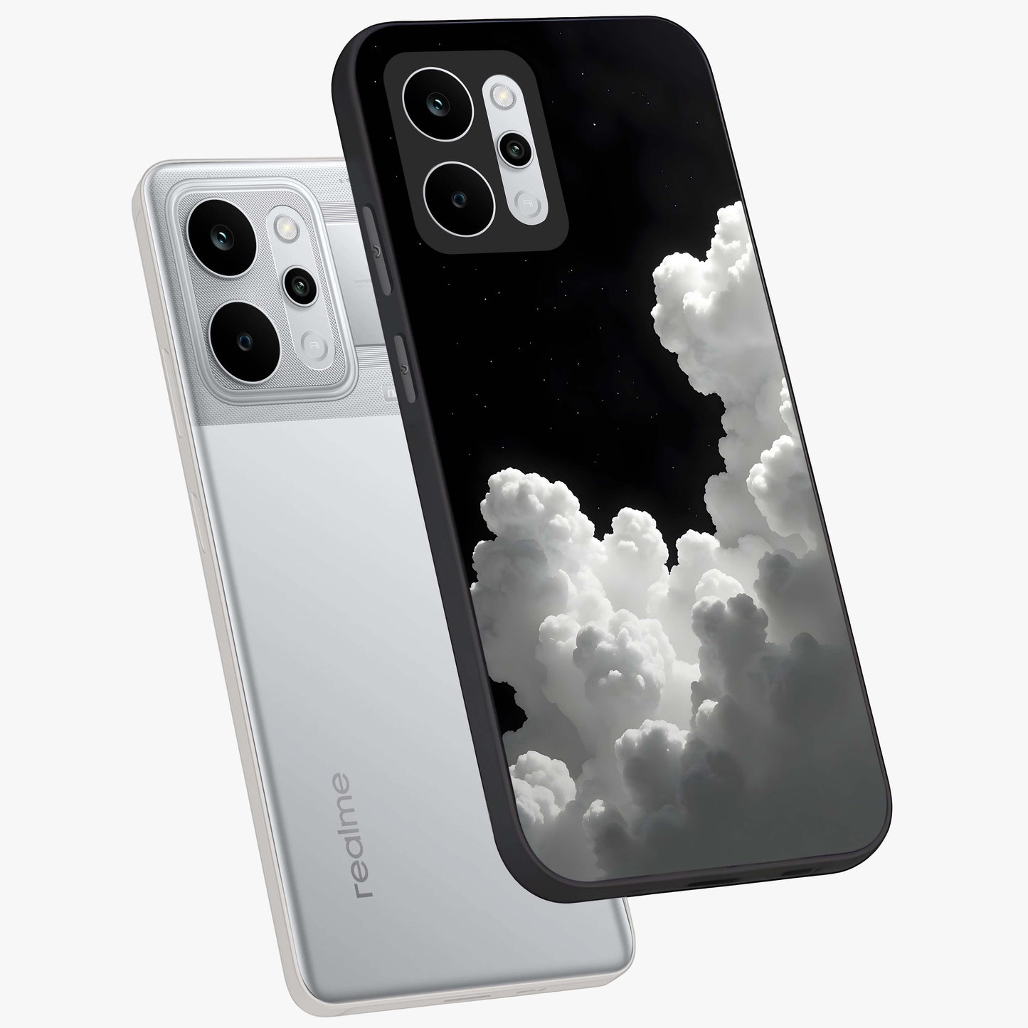 Black Background With White Cloud Glass Case displayed in angled mockup highlighting soft white cloud illustration and minimal design.