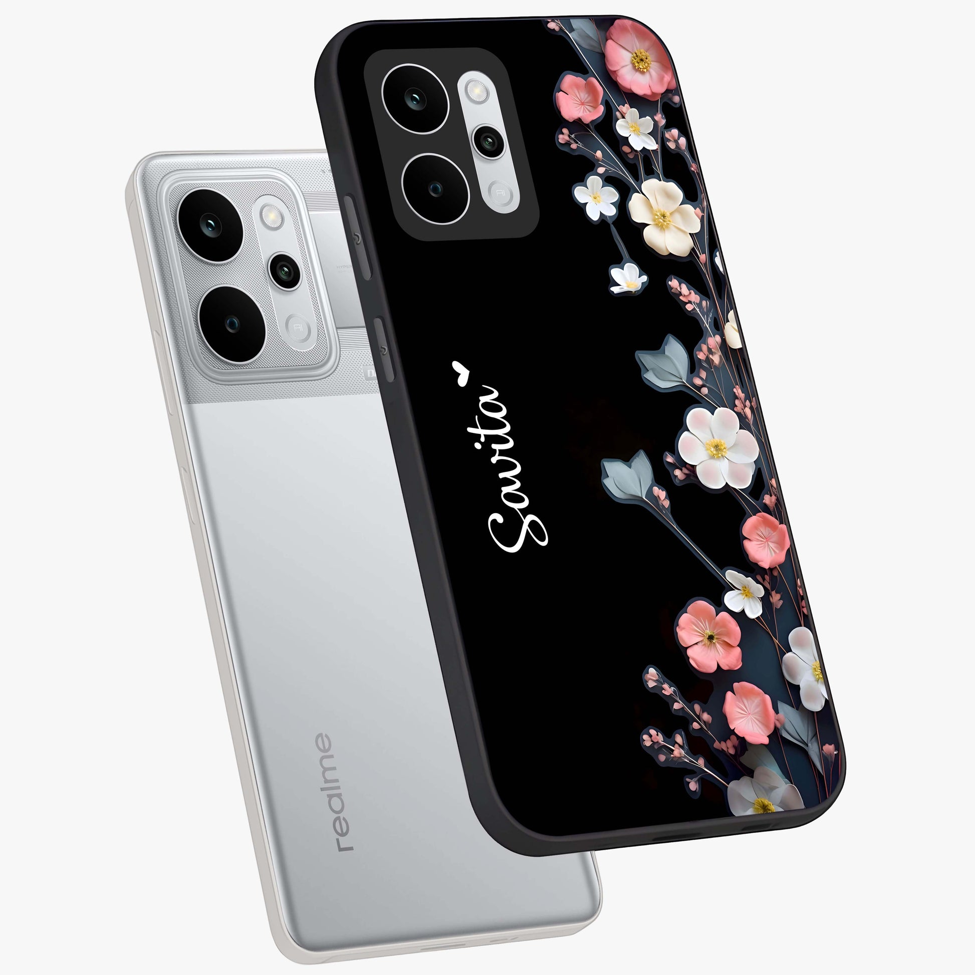 Black Elegance Floral Custom Name Glass Case displayed in angled mockup highlighting dark floral aesthetic and custom name feature.