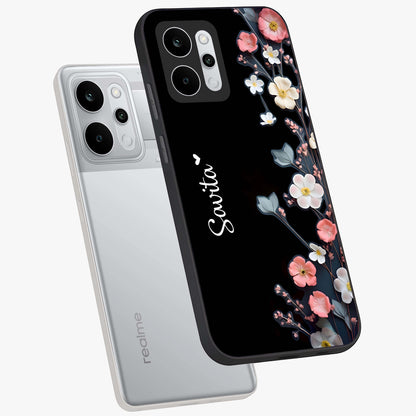 Black Elegance Floral Custom Name Glass Case displayed in angled mockup highlighting dark floral aesthetic and custom name feature.