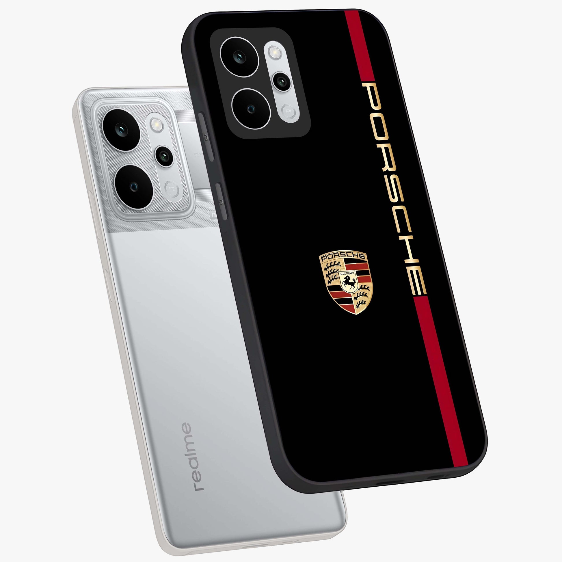 Black Minimal Porsche Glass Case displayed in angled mockup highlighting modern minimal car illustration and clean aesthetic design.