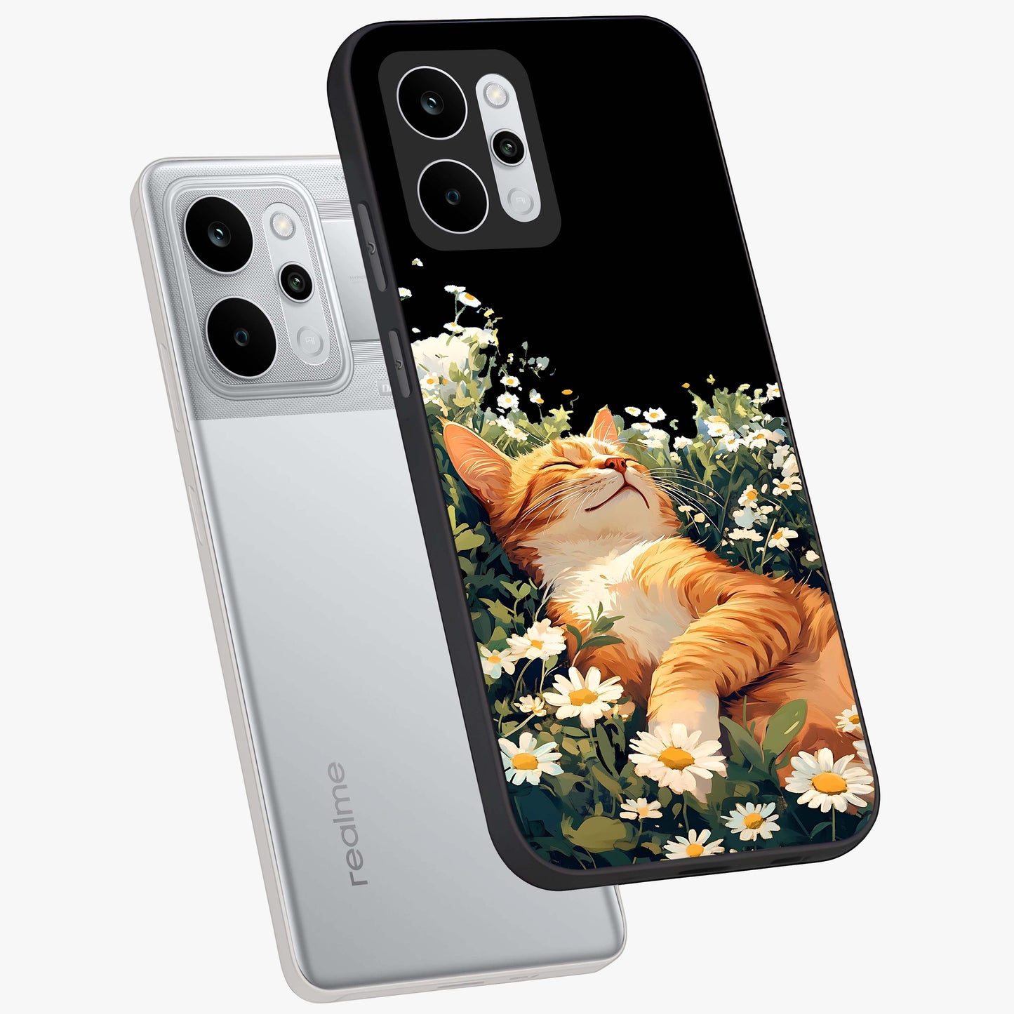 Blissful Bloom Cat Glass Case displayed in angled mockup highlighting playful feline illustration with soft floral aesthetic.
